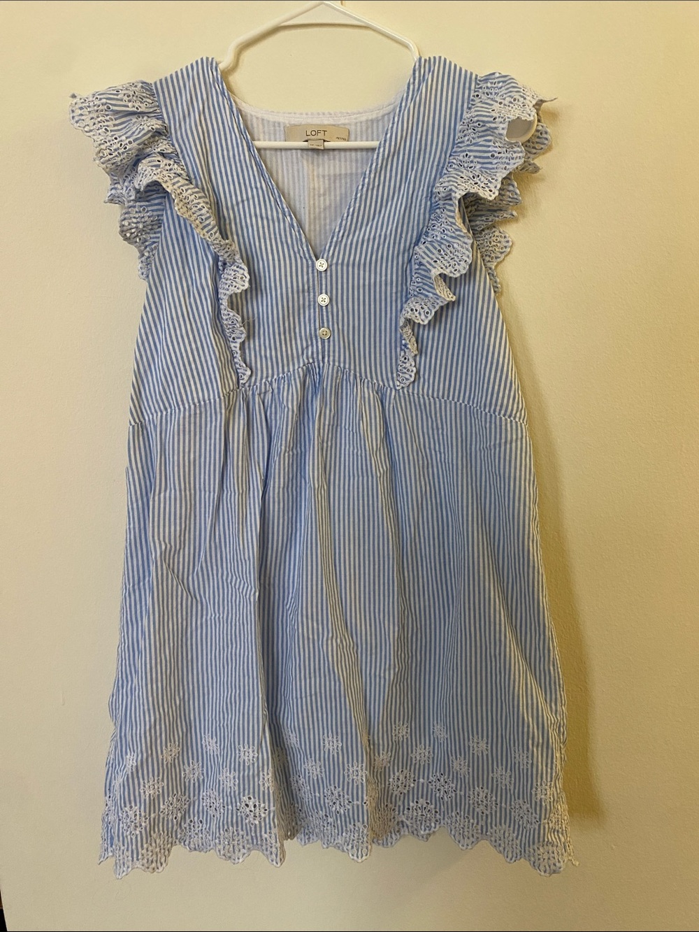 100% Cotton LOFT Light Blue & White Striped Eyelet Ruffle Dress MP